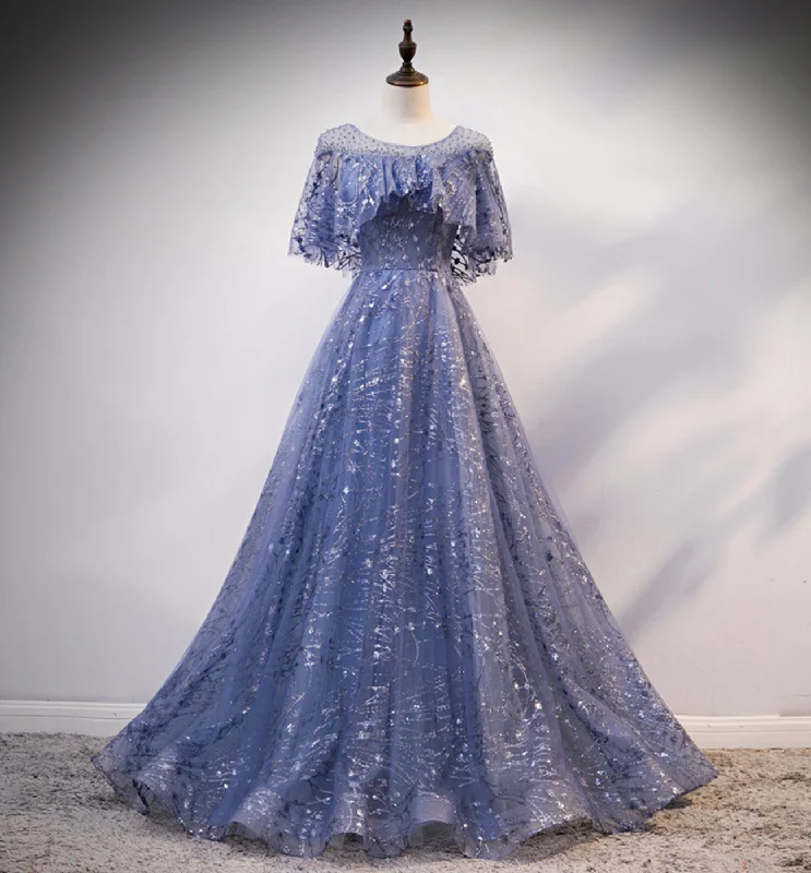 Little black dresses (LBDs) for womenBlue tulle sequins long ball gown dress evening dress  8619