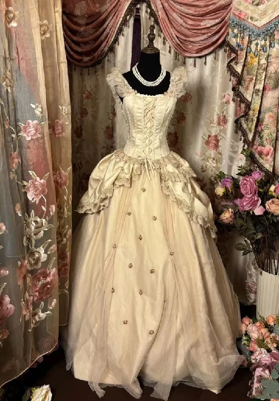 Backless dresses for womenChampagne Vintage Elegant Exquisite Beaded Lace Long Satin Tulle Ball Gown Evening Dress gh3353