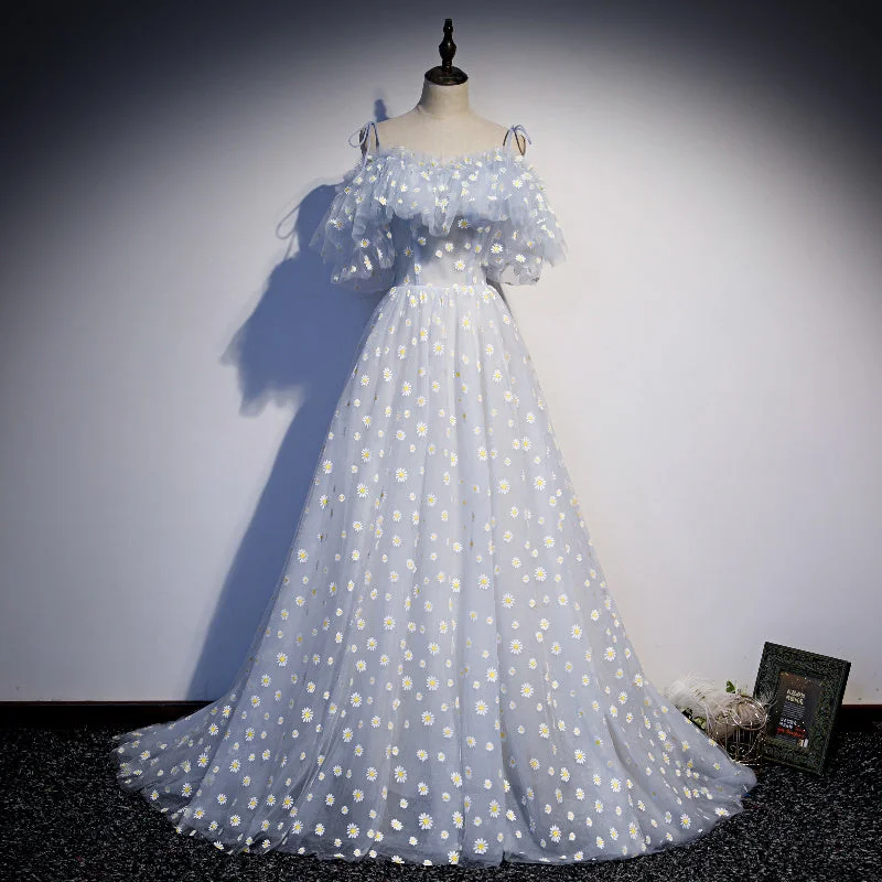 Transitional dresses for in-between seasonsBlue tulle long A line prom dress blue evening ddress  8689