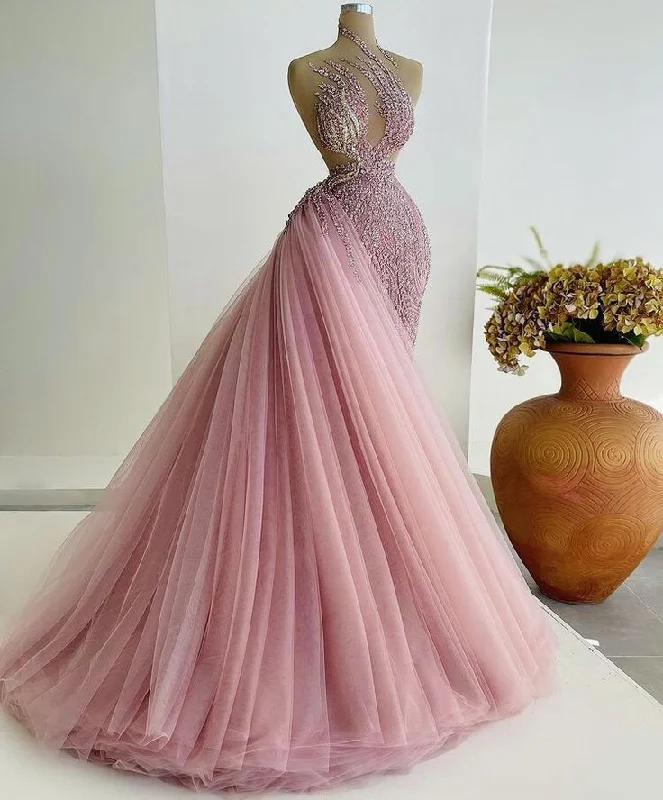 Flowy dresses for womenPink Shiny Gorgeous Fantasy Long Beaded Tulle Ball Gown Evening Dress gh3129