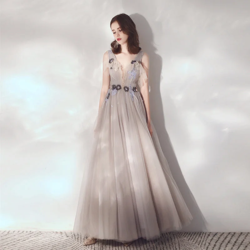 Backless dresses for womenCute v neck tulle long prom dress evening dress  8594