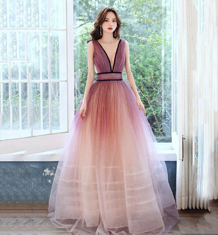V-neck dresses for womenPink v neck tulle long prom dress evening dress  8606