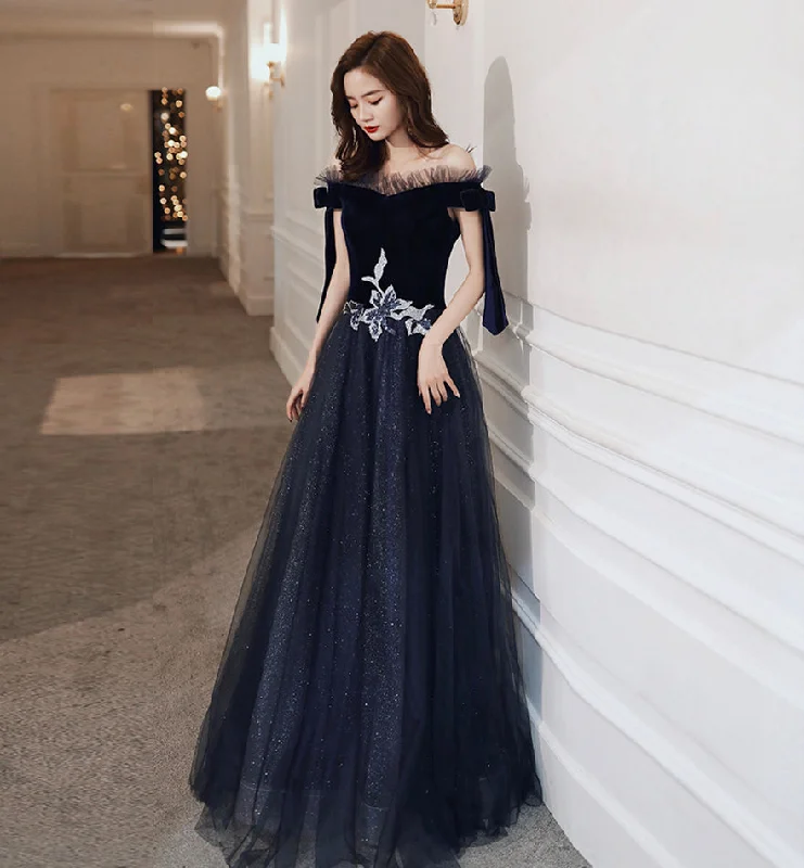 Bell sleeve dresses for womenBlue velvet tulle long prom dress evening dress  8457