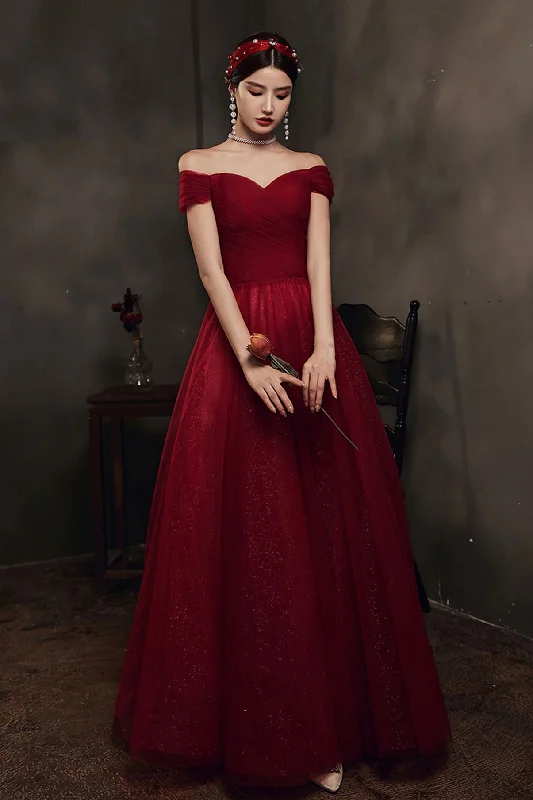 Workwear women's dressesBurgundy tulle long A line prom dress evening dress  8679