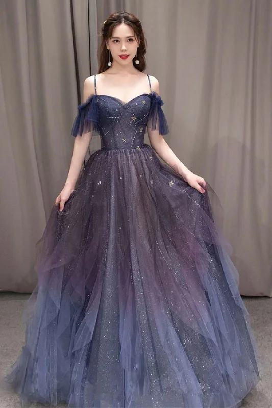 Transitional dresses for in-between seasonsPurple sweetheart neck tulle long ball gown evening dress gh2625