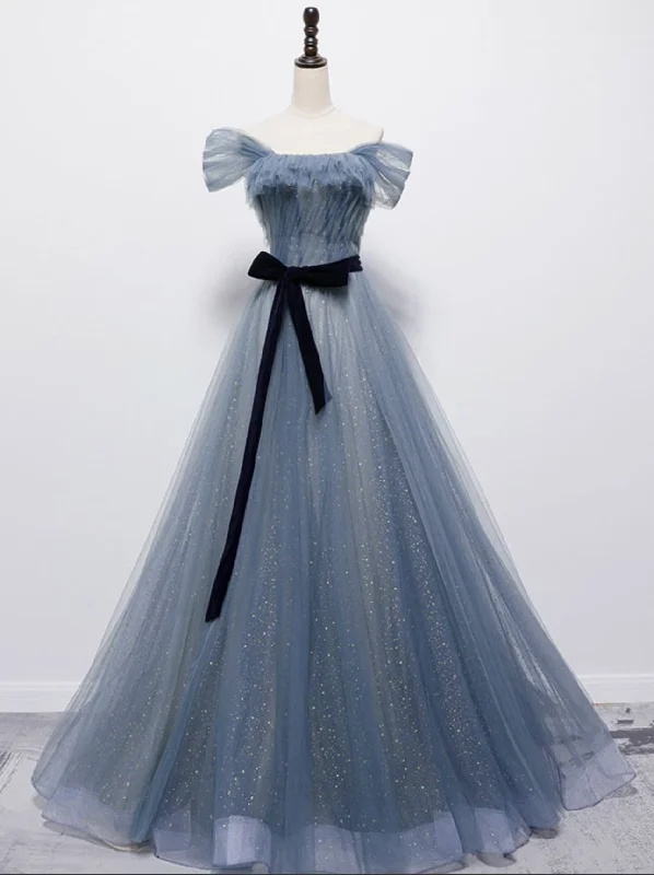 Corduroy dresses for womenBule tulle long A line prom dress blue evening dress  8718
