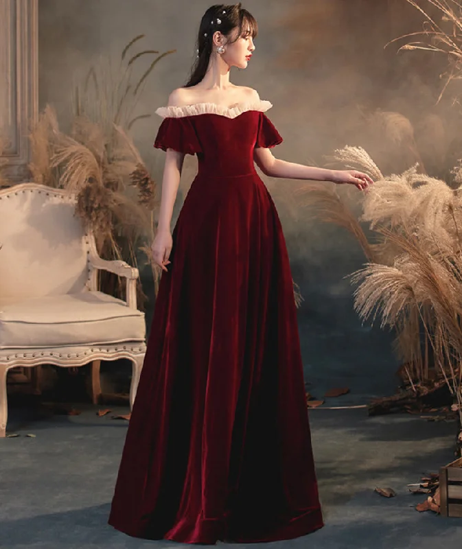 Spaghetti strap dresses for womenBurgundy velvet long prom dress evening dress  8383