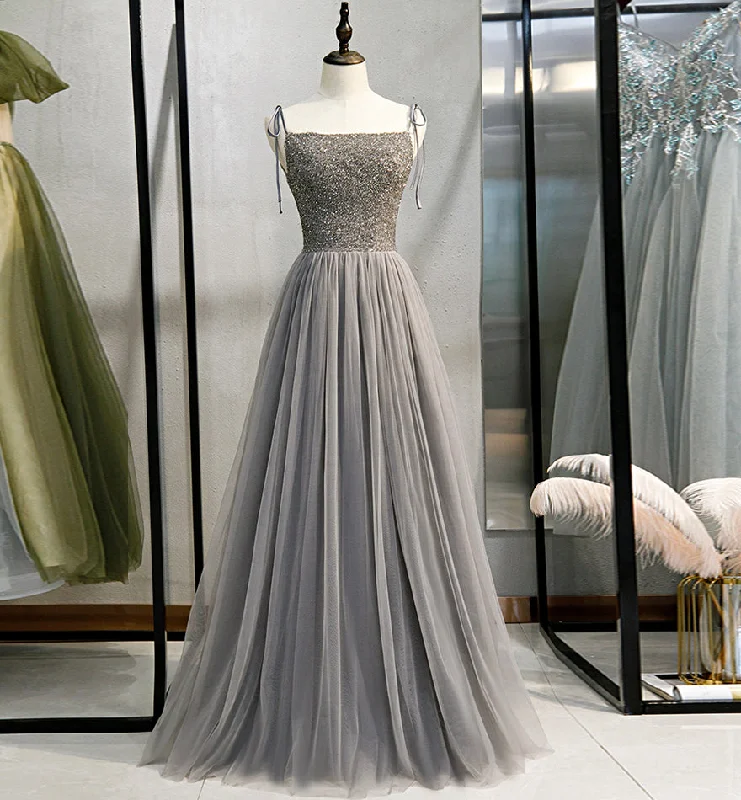 Petite dresses for womenGray tulle beads long prom gown evening dress  8437