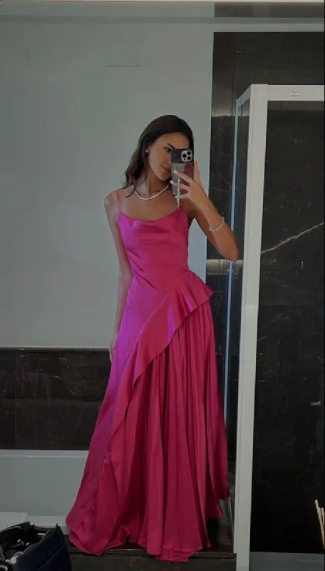 Ruched dresses for womenPink spaghetti straps simple elegant long irregular ball gown evening dress gh3047
