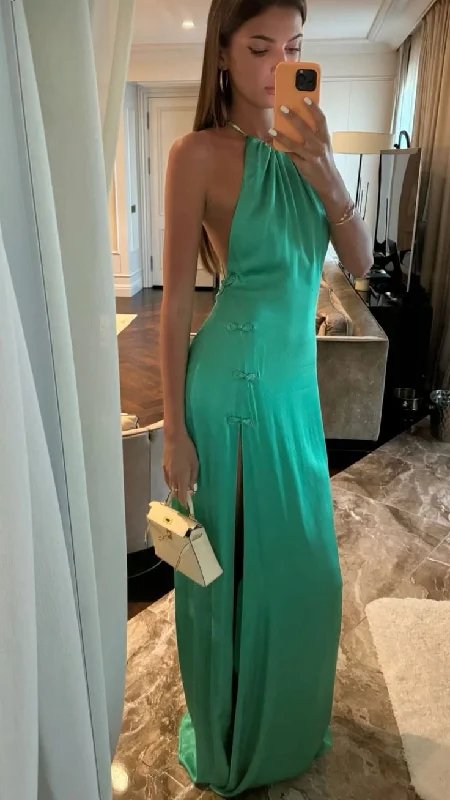 One-shoulder dresses for womenGreen simple elegant fashion suspenders long satin slit sexy ball gown evening dress gh3366