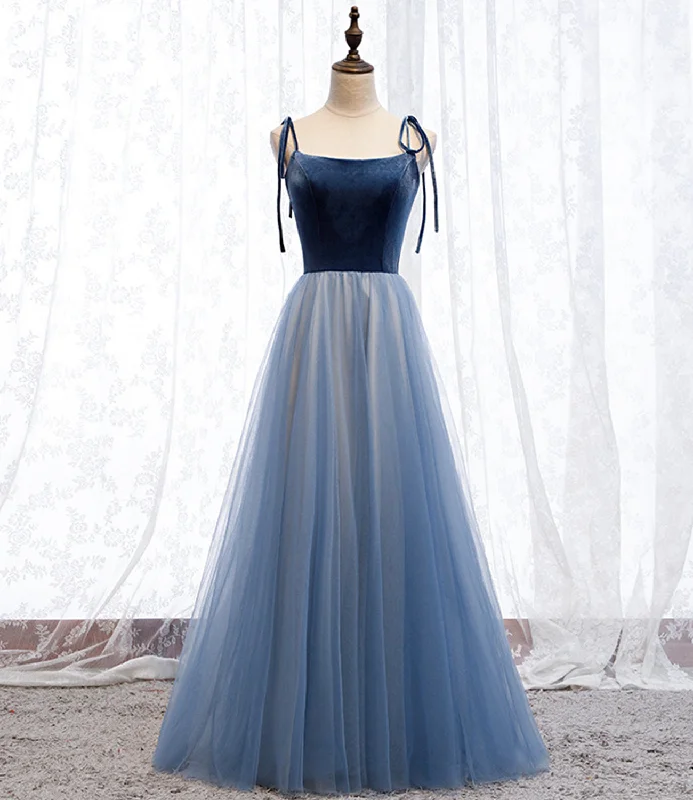 Velvet dresses for womenBlue velvet tulle long prom dress blue evening dress  8637