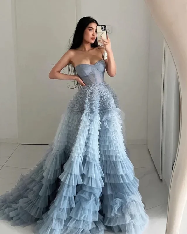 Workout dresses for active lifestylesLight blue gorgeous A-line sweetheart layered ruffle tulle long ball gown evening dress gh2685