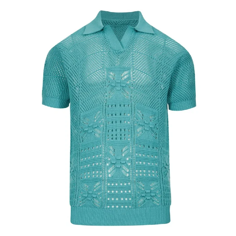 short-sleeved shirts for men with UV protectionMen's blue knit texture design V-neck polo
