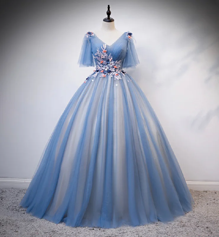 Halter dresses for womenBlue v neck tulle long prom gown formal dress  8478