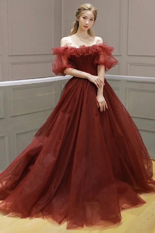 Flutter sleeve dresses for womenBurgundy tulle long prom dress A line evening dress  8579