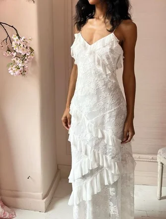 Cap sleeve dresses for womenWhite simple elegant spaghetti strap lace long ball gown multi-layered evening dress gh3005