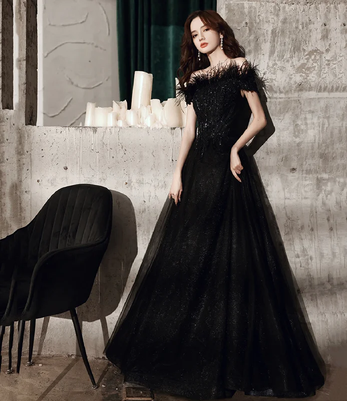 Petite dresses for womenBlack tulle beads long A line prom dress evening dress  8706