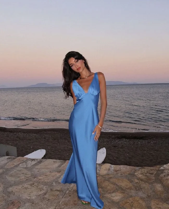 A-line dresses for womenBlue simple elegant V-neck long satin ball gown evening dress gh3165
