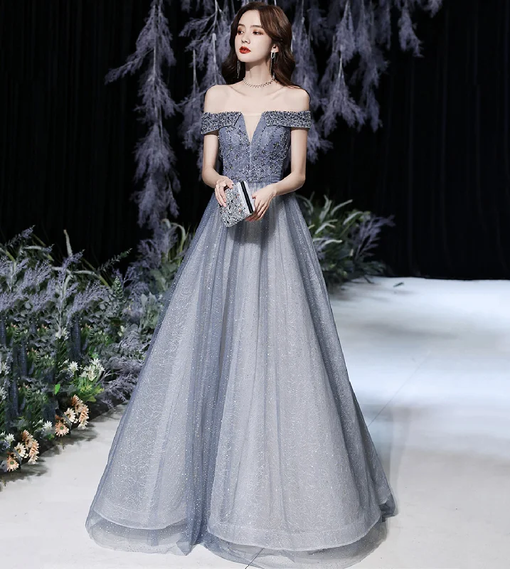 Little white dresses (LWDs) for womenGrey tulle beads long prom dress shiny evening dress  8569