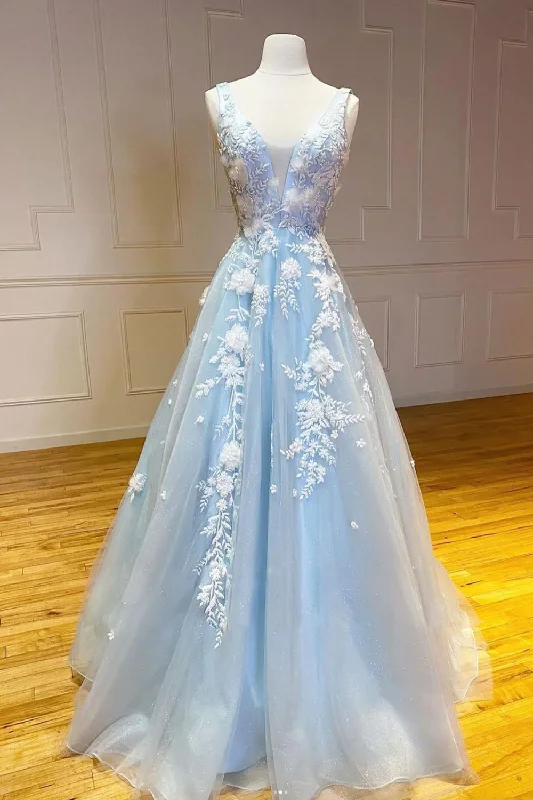 Bridesmaid dresses for womenBlue V neck applique tulle lace long elegant ball gown evening dress gh2306