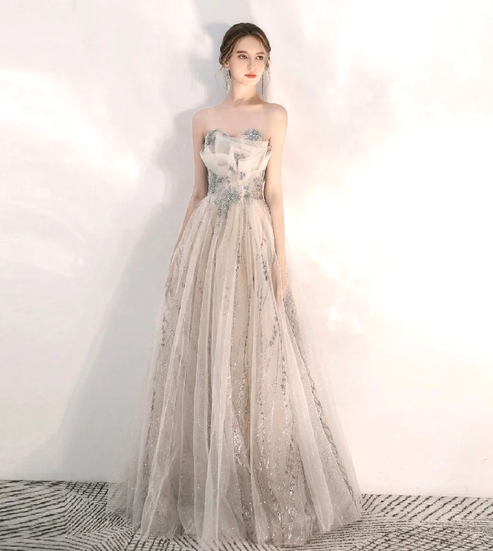 Velvet dresses for winterChampagne tulle sequins long A line prom dress  8574
