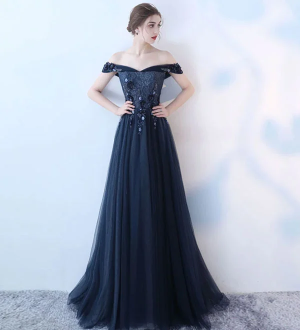 Plus-size dresses for womenBlue tulle lace long pro dress, blue evening dress  8154
