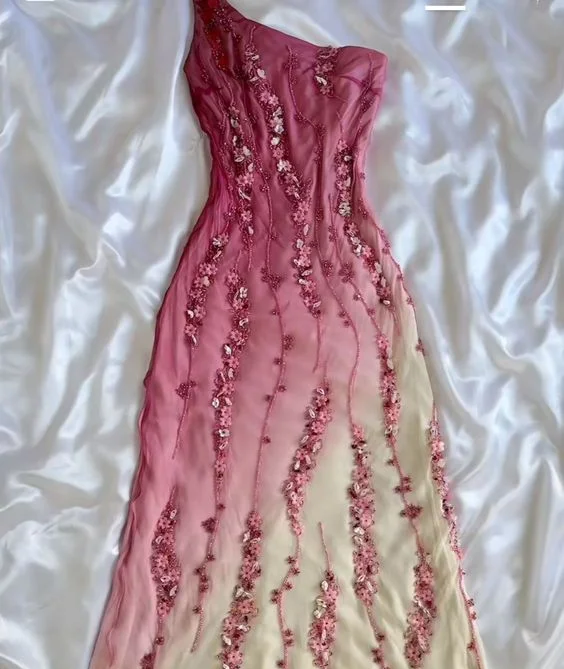 Corduroy dresses for womenPink fashion elegant one shoulder gradient beaded A-line long ball gown evening dress gh2938