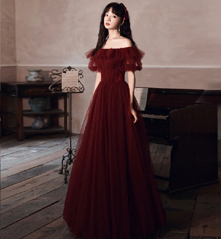 Day dresses for everyday wearBurgundy tulle long prom gown formal dress  8435