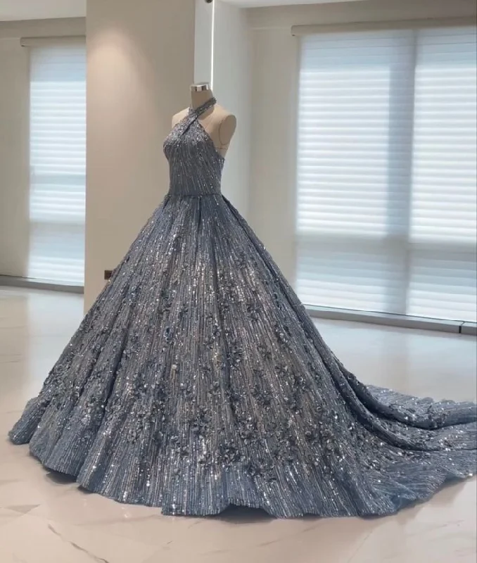 Peplum dresses for womenBlue shiny fashion exquisite beaded suspender long elegant tulle ball gown evening dress gh3349