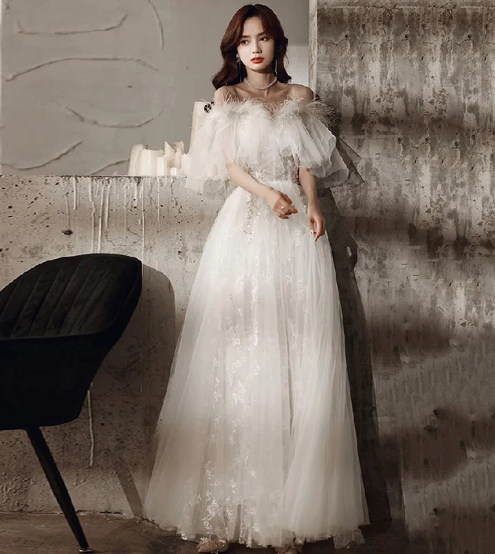 Summer dresses for hot weatherUnique tulle sequins long prom dress white evening dress 8534