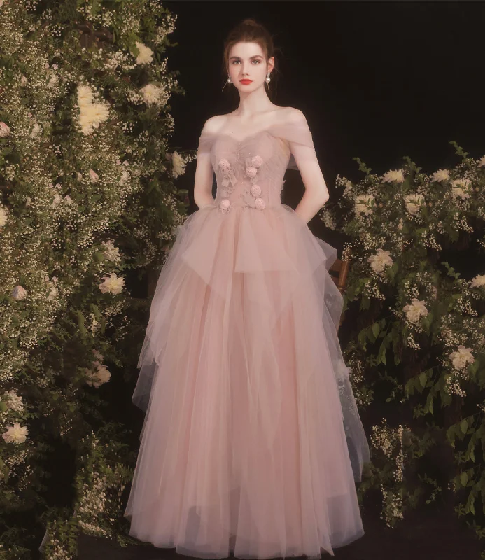 Sack dresses for womenPink tulle long A line prom dress pink evening dress  8732