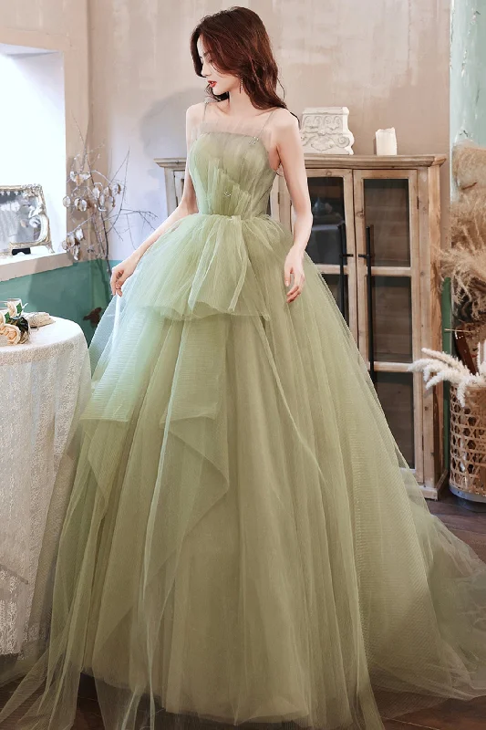 Sustainable dresses for eco-conscious womenGreen tulle long A line prom dress evening dress  8704