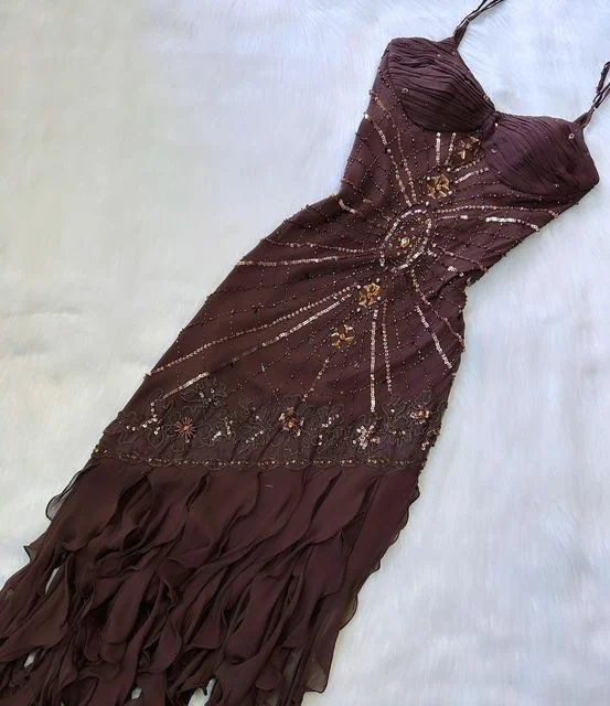 Maxi dresses for womenBrown Beautiful A-line Spaghetti Straps Exquisite Beaded Chiffon Long Ball Gown Evening Dress gh3155