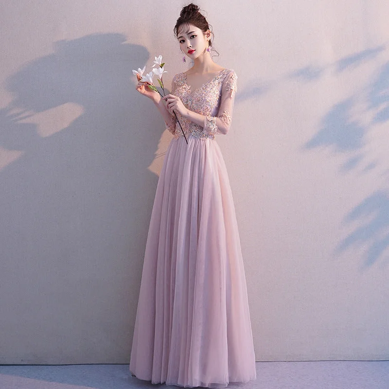 Lantern sleeve dresses for womenPink long sleeve lace prom dress evening dress  8374