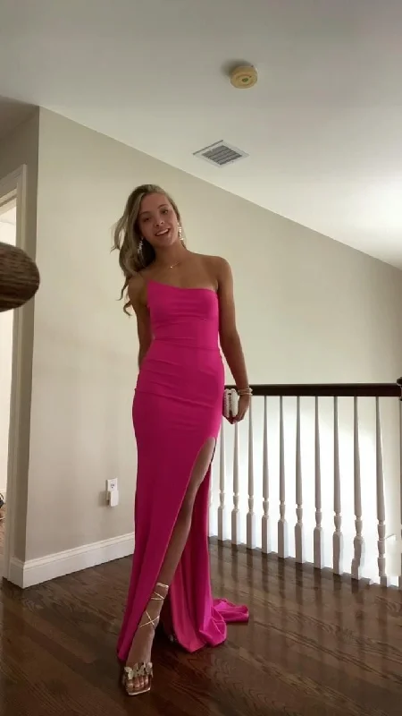 V-neck dresses for womenSimple Fashion Satin Pink One Shoulder Ball Gown Slit Long Evening Dress gh3083