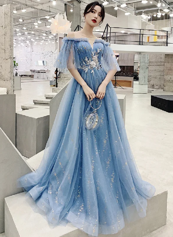 Summer dresses for hot weatherBlue tulle sequins long prom dress evening dress  8322