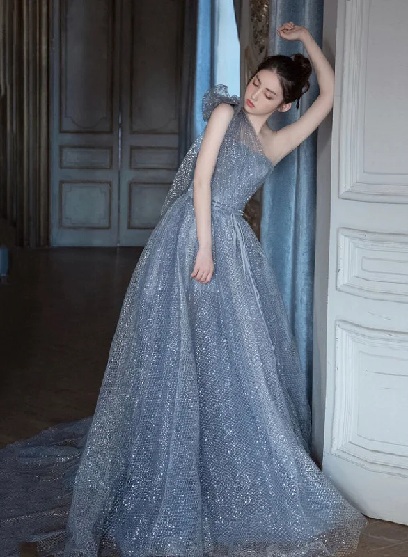 Party dresses for womenBlue tulle sequins long prom dress one shoulder evening dress  8426