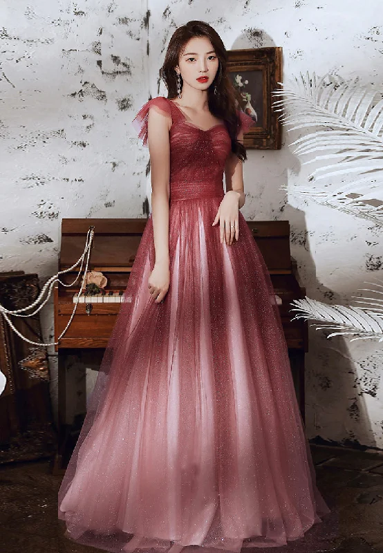 Vintage-inspired dresses for retro fashion loversBurgundy tulle sequins long prom dress  8313