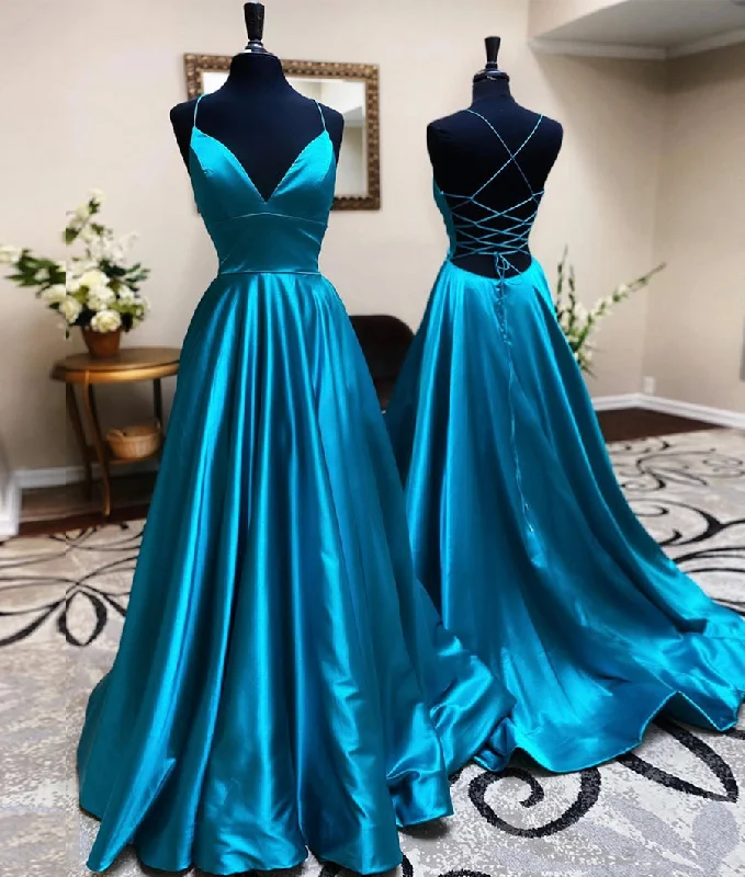 Cotton dresses for everyday wearBlue satin long prom dress simple evening dress  8445