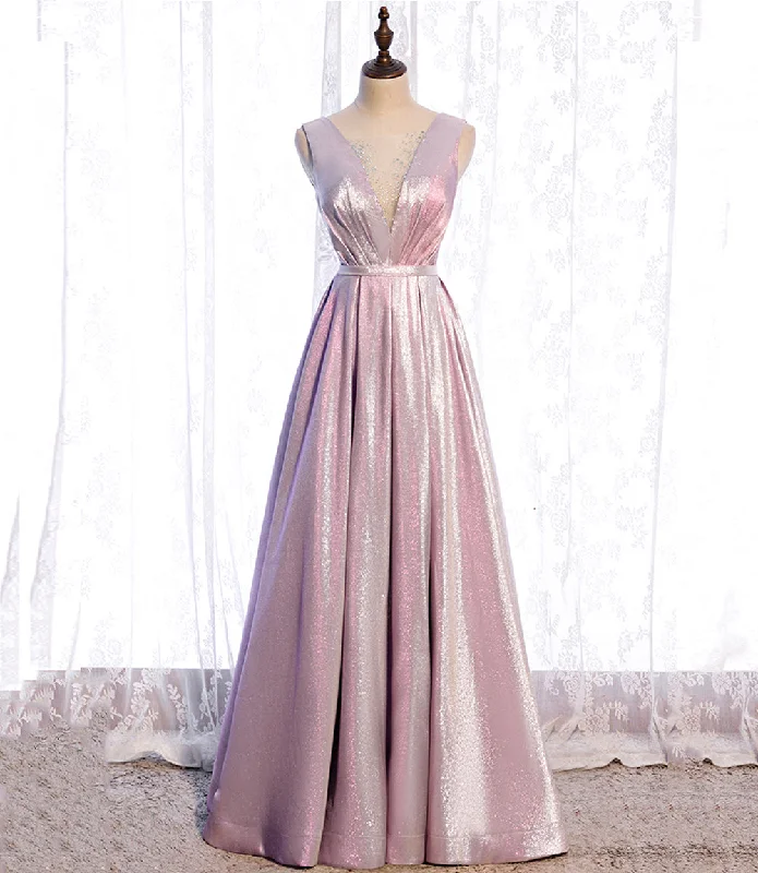 A-line dresses for womenPink satin long prom dress pink evening dress  8517