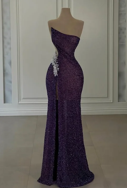 Sweetheart neckline dresses for womenPurple Gorgeous Shiny Elegant Spaghetti Strap Beading Sexy Slit Long Mermaid Slim Sequin Ball Gown Evening Dress gh3360