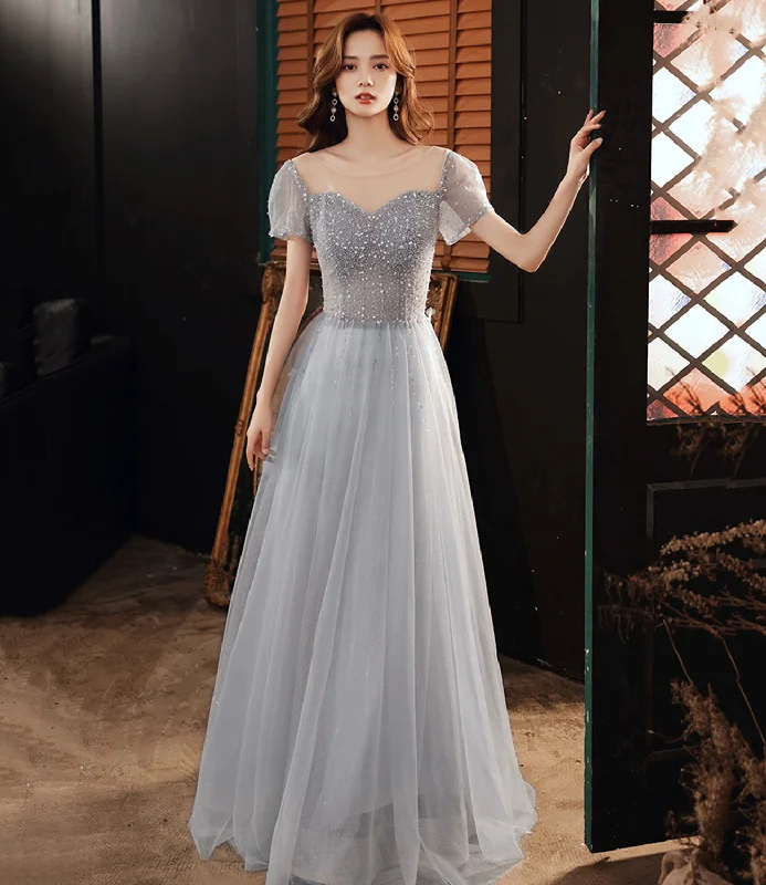 Cap sleeve dresses for womenCute tulle beads long A line prom dress evening dress  8727