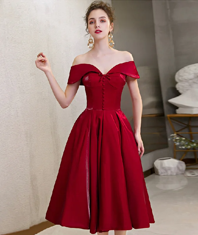 Off-the-shoulder dresses for womenCute satin short prom dress burgundy party dress  8393