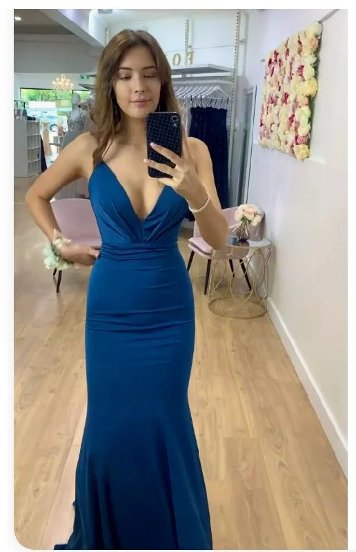 Linen dresses for summerBlue simple and elegant A-line V-neck mermaid long ball gown evening dress gh2915