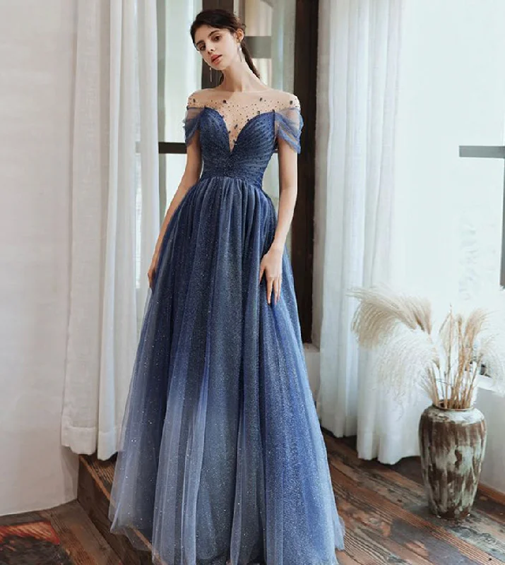 Gym wear dresses for athletic activitiesBlue tulle beads long prom dress evening dress  8434