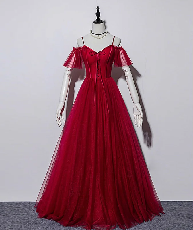 Lace dresses for womenBurgundy tulle long prom gown formal dress  8496