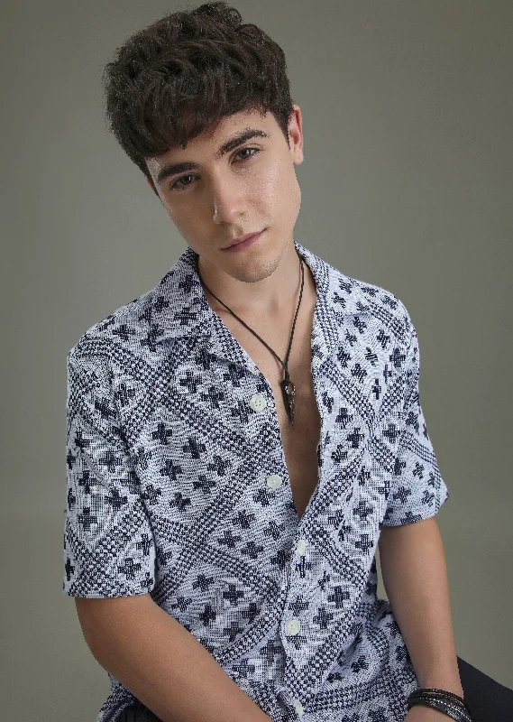 en's wear jacketsDark Blue Jacquard Knitted Shirt