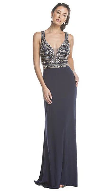 Solid color dresses for womenTrevi Collection - Plunging Embellished Evening Gown