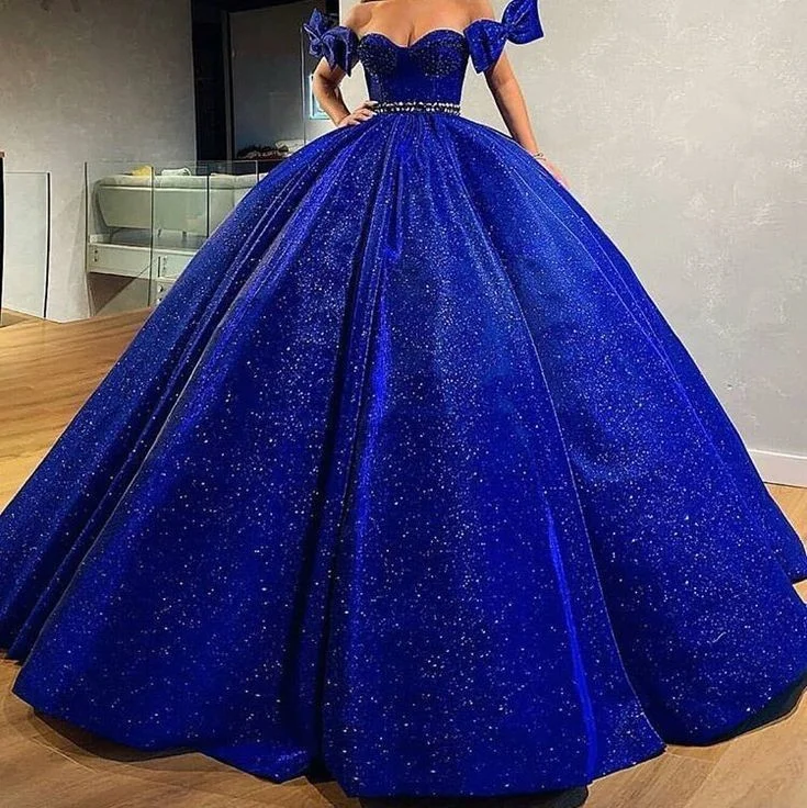Halter dresses for womenBlue gorgeous shiny sequined off-the-shoulder long ball gown evening dress gh3090