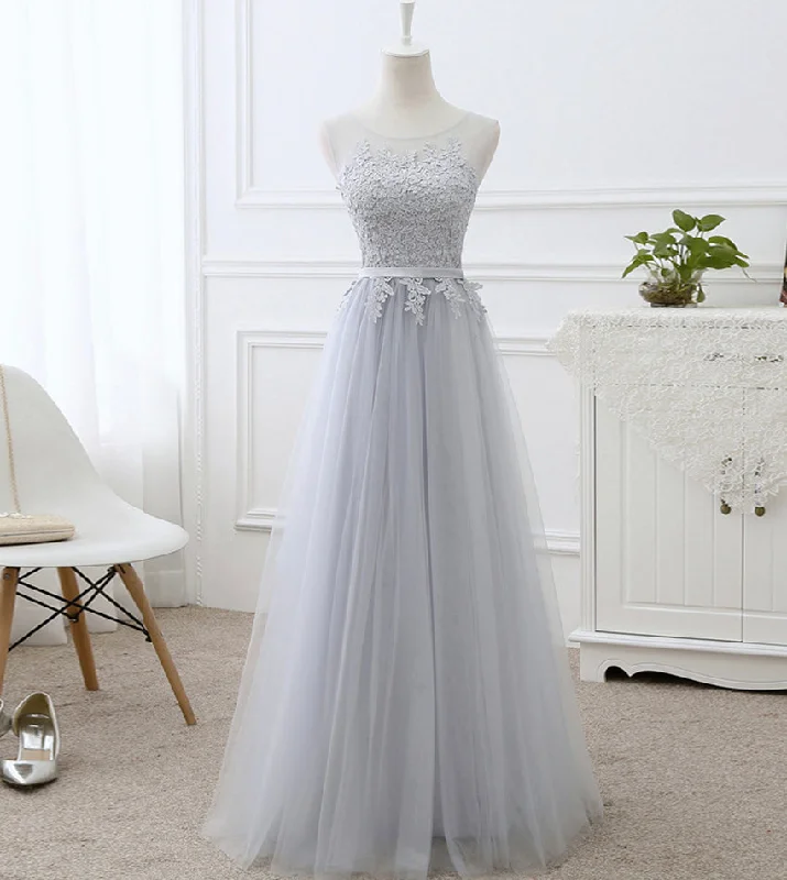 Little white dresses (LWDs) for womenGray tulle lace prom dress A line evening dress  8442